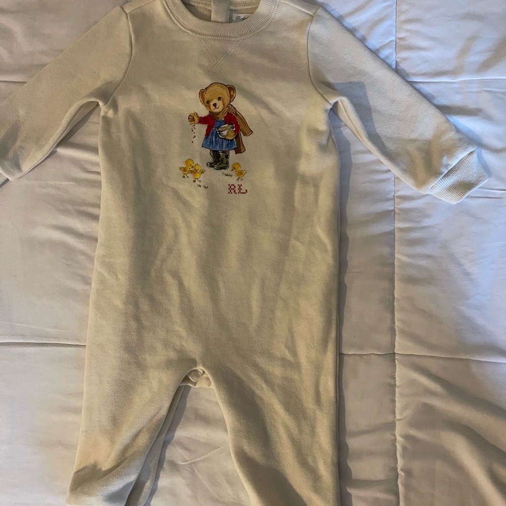 Polo Ralph Lauren Cream Baby Onesie with Bear Design